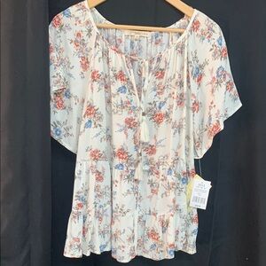 Rewind Cream and Blue Flutter Sleeve Blouse with Tie Front